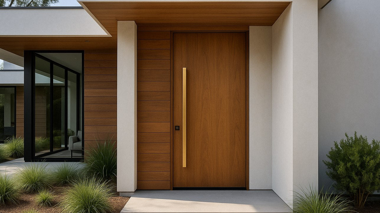 Architect-designed home entrance with stainless pull handle