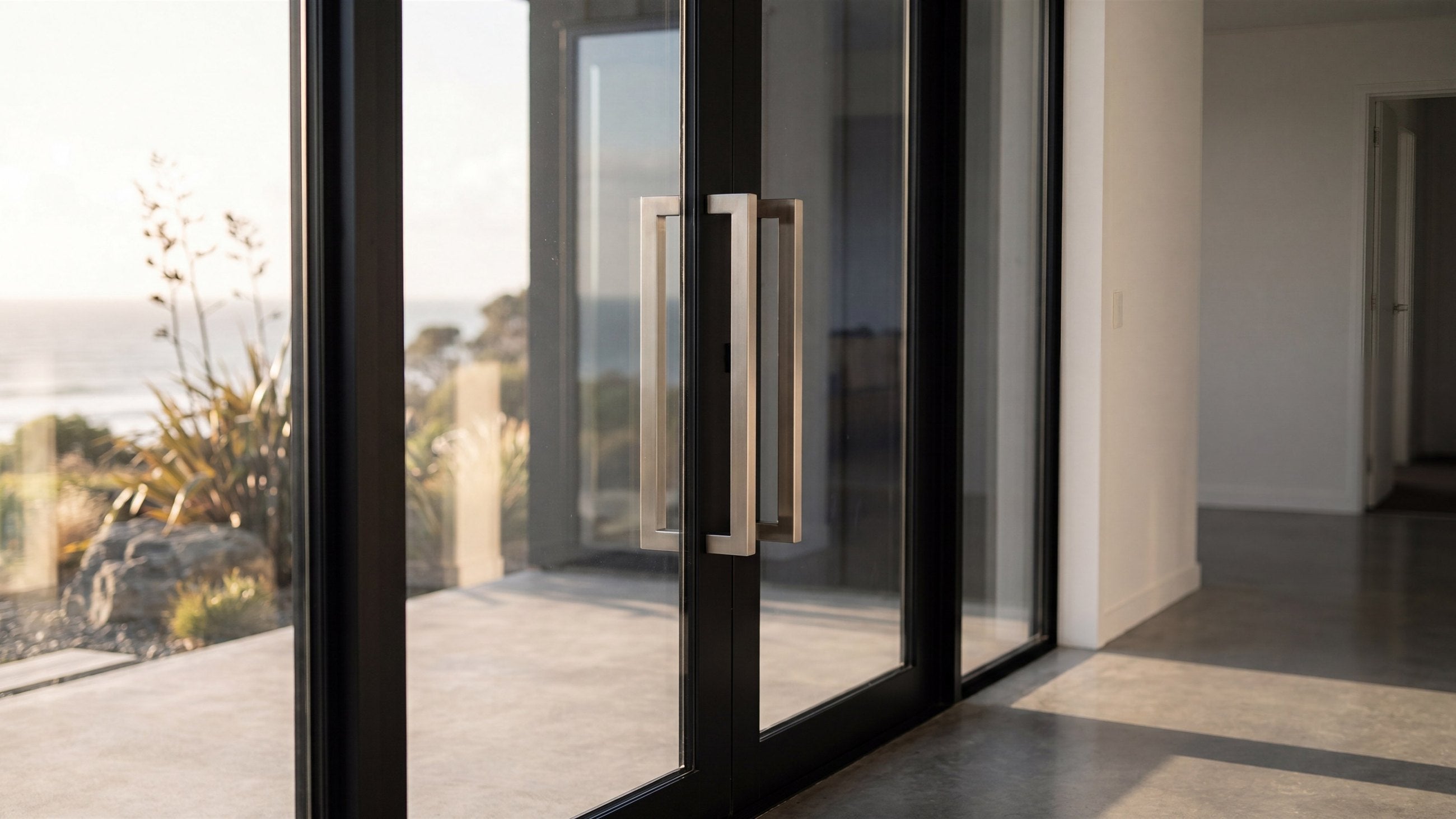Stainless pull handles on a glass entry door with ocean view