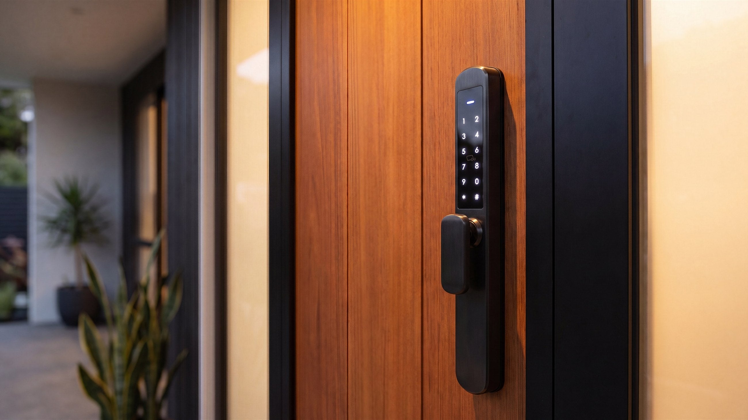 Smart keypad lock on a timber front door