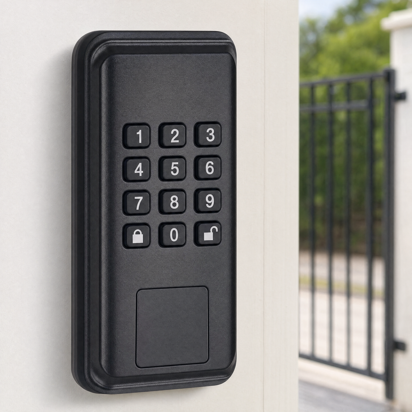 Access Control Keypad mounted on exterior wall by gate