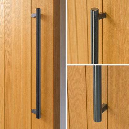 Round Tubular Pull Handle 32mm in matte black powder coat on oak door