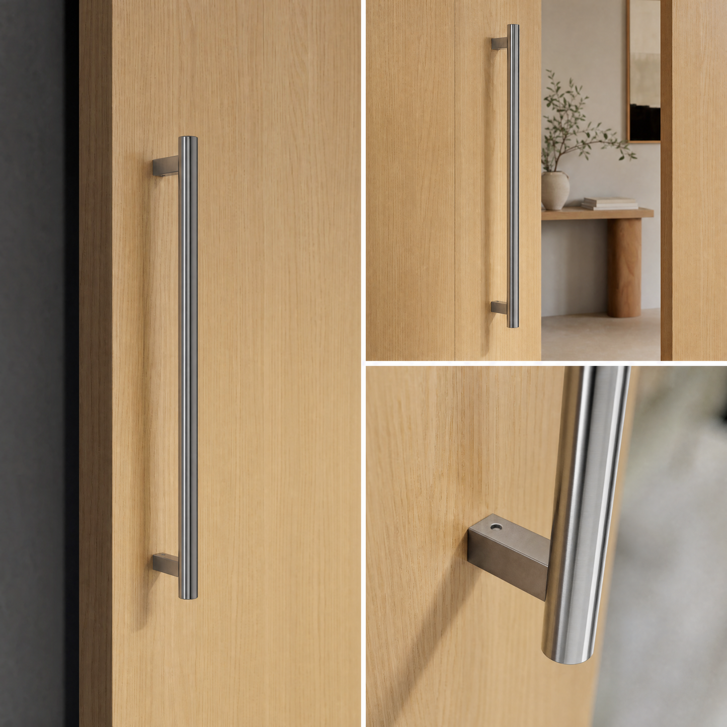 Round Tubular Pull Handle 32mm in brushed stainless on light oak door