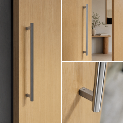 Round Tubular Pull Handle 32mm in brushed stainless on light oak door