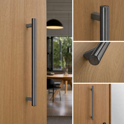 Round Tubular Pull Handle 32mm in matte black on oak door - lifestyle