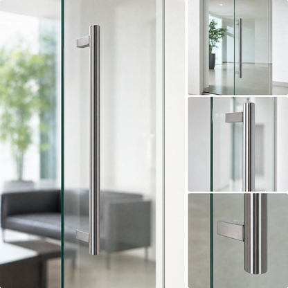 Round Tubular Pull Handle 32mm brushed stainless on office glass door