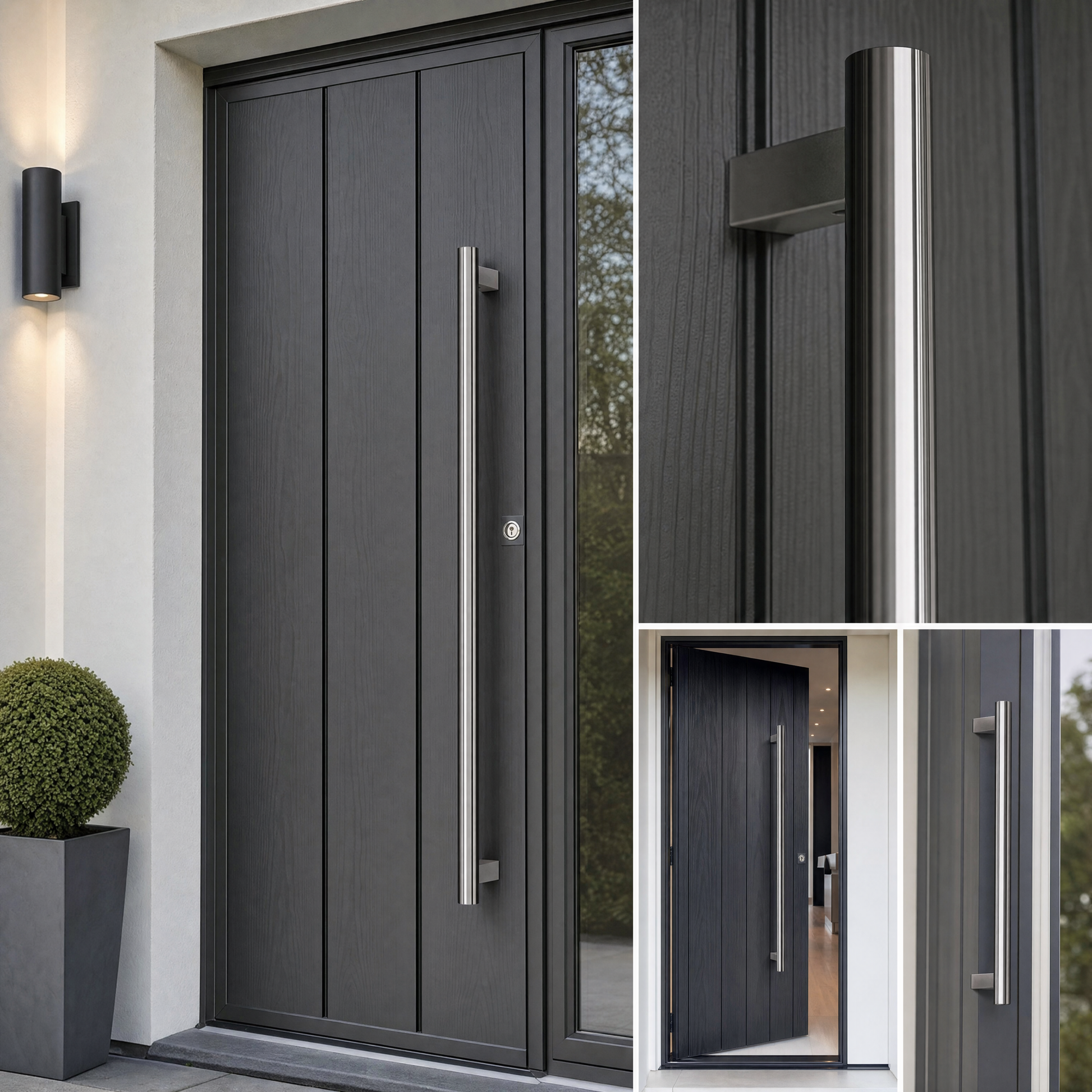 Round Tubular Pull Handle 32mm in brushed stainless on charcoal entrance door