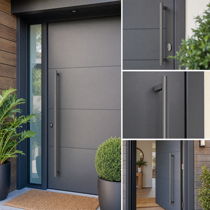 Round Tubular Pull Handle 32mm on charcoal modern entrance door