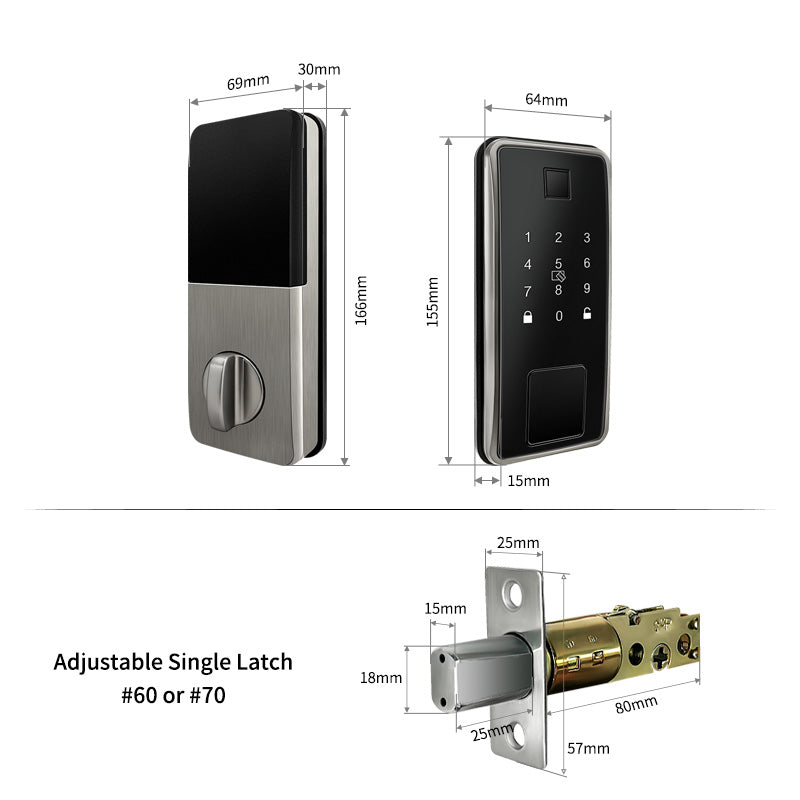 KS150 dimensions: 166mm tall x 69mm wide x 30mm depth, 60/70mm adjustable latch