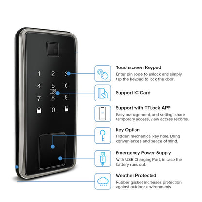 KS150 features: touchscreen keypad, RFID, TTLock app, key override, USB emergency power, weather protection