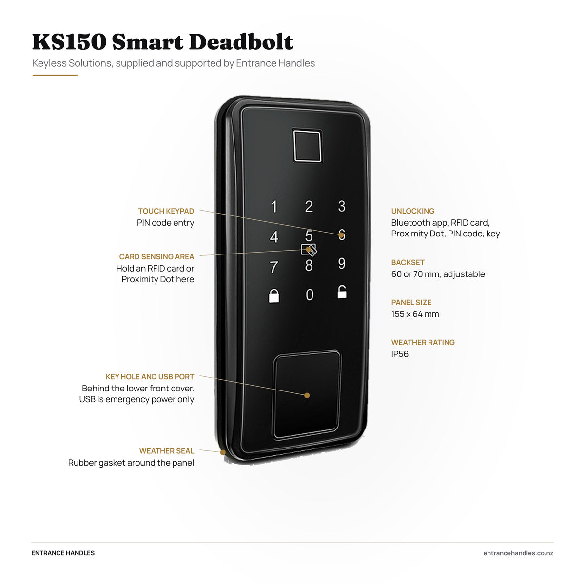 KS150 Smart Deadbolt, specification diagram pointing to the touch keypad, card sensing area, the key hole and USB port behind the lower front cover, and the weather seal
