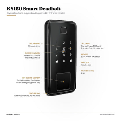 KS150 Smart Deadbolt, specification diagram pointing to the touch keypad, card sensing area, the key hole and USB port behind the lower front cover, and the weather seal