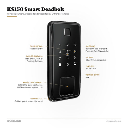 KS150 Smart Deadbolt, specification diagram pointing to the touch keypad, card sensing area, the key hole and USB port behind the lower front cover, and the weather seal