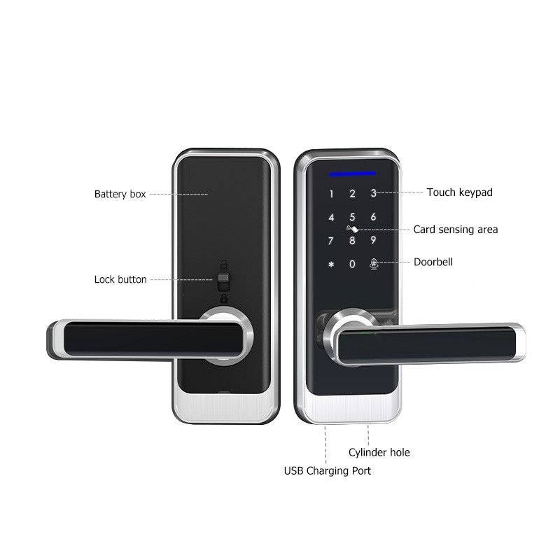 KS200 features: touch keypad, card sensing area, doorbell, USB charging port, mechanical key cylinder