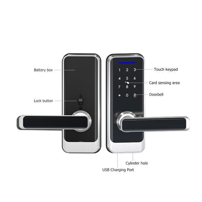 KS200 features: touch keypad, card sensing area, doorbell, USB charging port, mechanical key cylinder