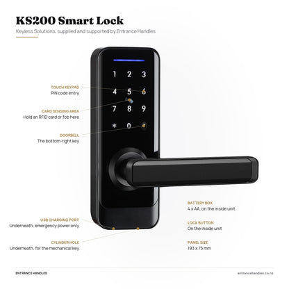 KS200 Smart Lock, specification diagram pointing to the touch keypad, card sensing area, doorbell key, USB charging port and cylinder hole, with the battery box and lock button on the inside unit