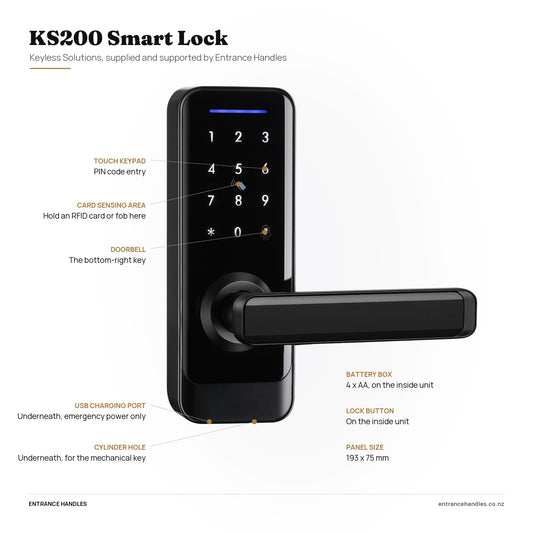 KS200 Smart Lock, specification diagram pointing to the touch keypad, card sensing area, doorbell key, USB charging port and cylinder hole, with the battery box and lock button on the inside unit