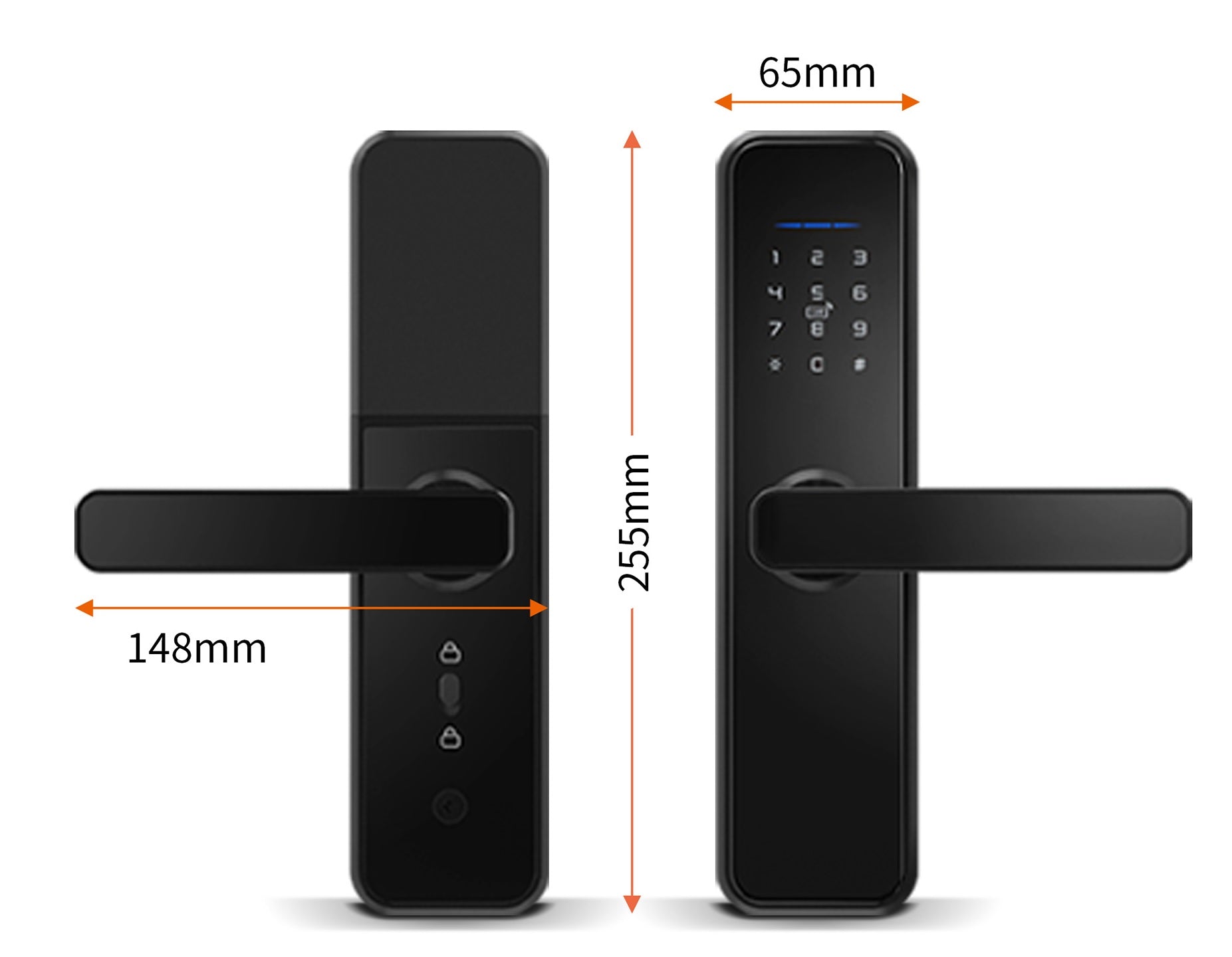 KS250 Smart Lock dimensions: 255mm tall x 65mm wide x 148mm handle reach