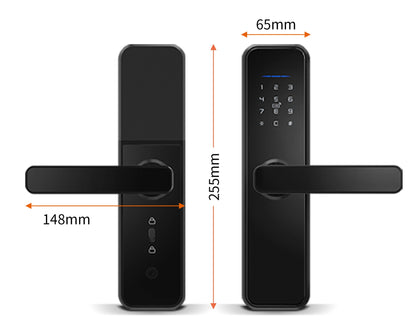 KS250 Smart Lock dimensions: 255mm tall x 65mm wide x 148mm handle reach