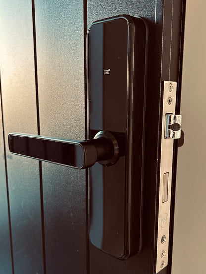 KS250 Smart Lock installed on a dark timber entrance door