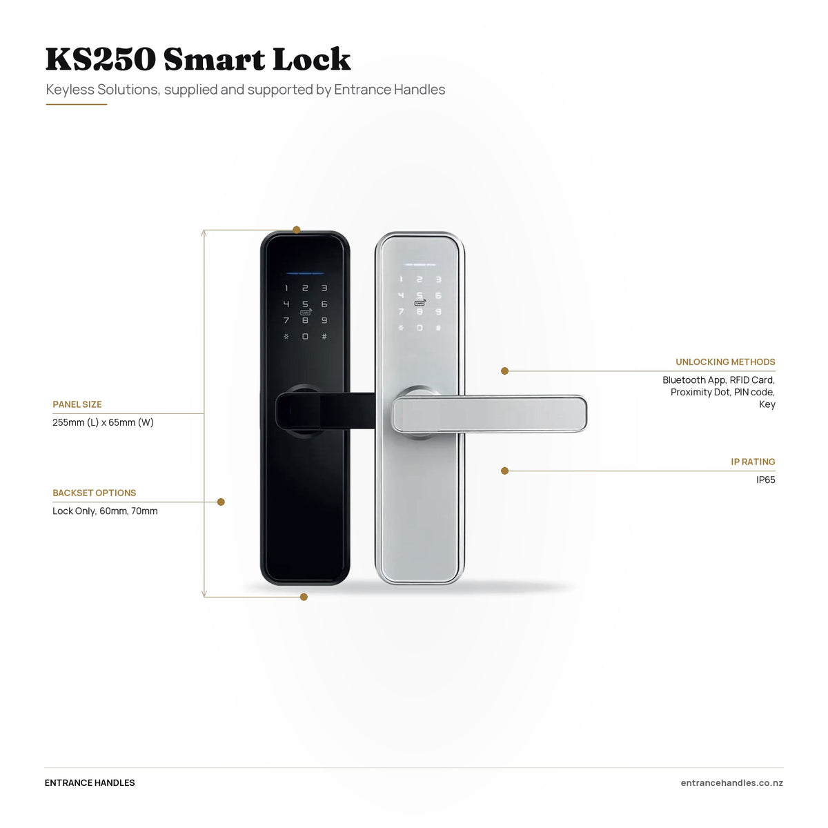 KS250 Smart Lock, specification diagram with the details from the product's own page