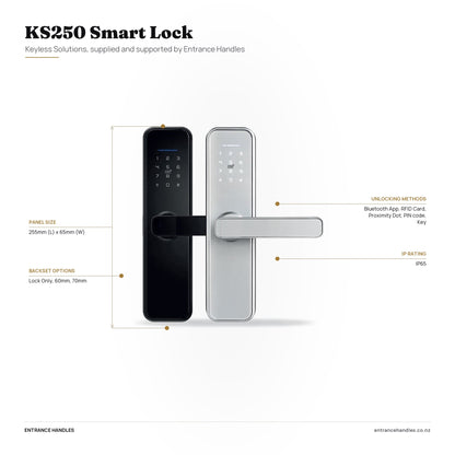 KS250 Smart Lock, specification diagram with the details from the product's own page