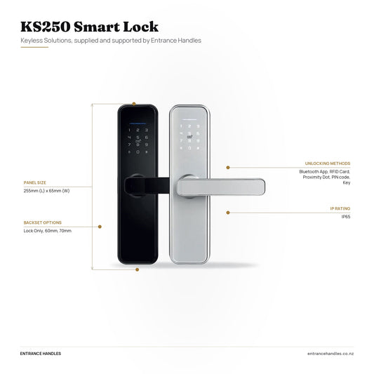 KS250 Smart Lock, specification diagram with the details from the product's own page