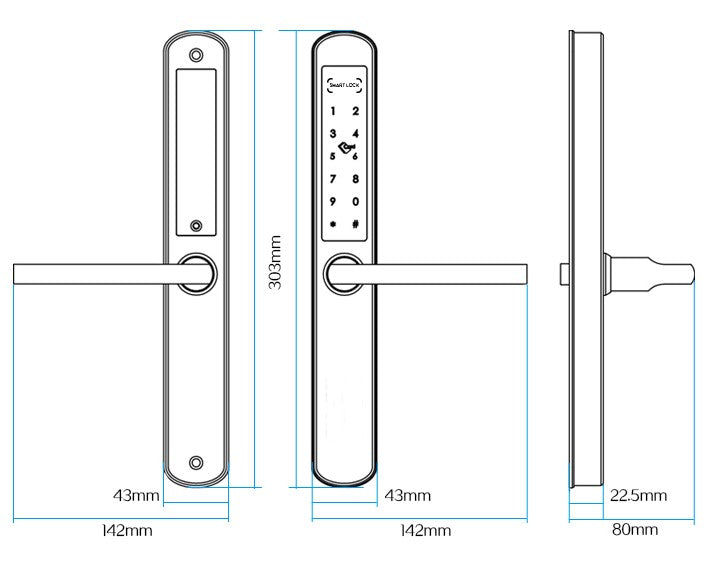 KS300 dimensions: 303mm tall x 42mm wide x 22.5mm depth — slim profile for narrow stiles