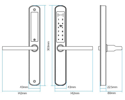 KS300 dimensions: 303mm tall x 42mm wide x 22.5mm depth — slim profile for narrow stiles