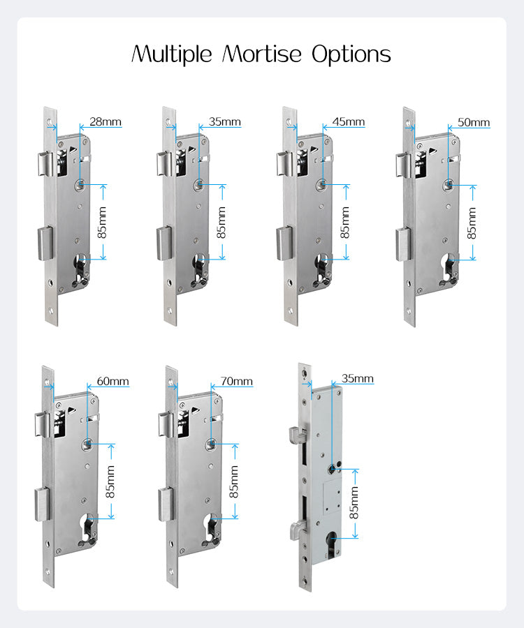 KS300 mortice backset options: 28mm, 35mm, 45mm, 50mm, 60mm, 70mm and sliding 35mm