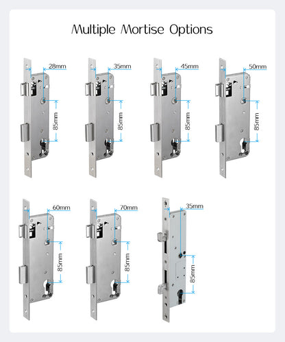 KS300 mortice backset options: 28mm, 35mm, 45mm, 50mm, 60mm, 70mm and sliding 35mm