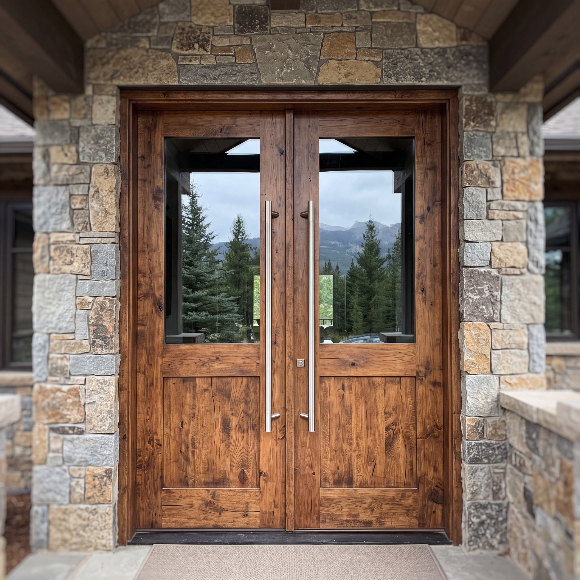 Round Offset-Leg pull handles in 316 stainless on timber double doors