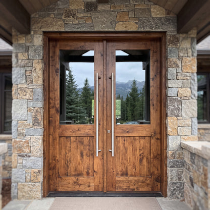 Round Offset-Leg pull handles in 316 stainless on timber double doors