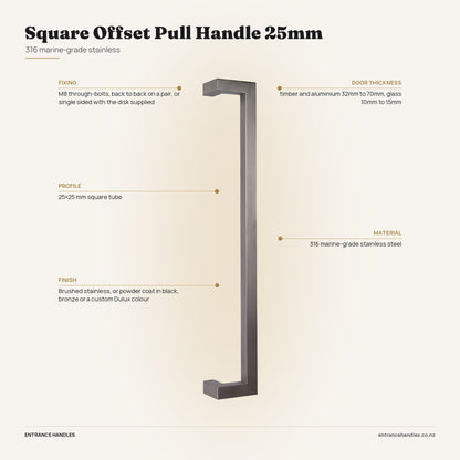 Square Offset Pull Handle 25mm - Stainless, specification diagram with the measurements printed on the product's own page