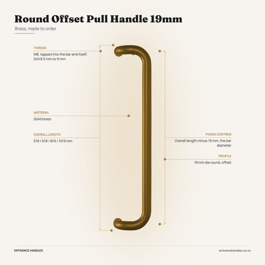 Round Offset Pull Handle 19mm - Brass, specification diagram with the measurements printed on the product's own page