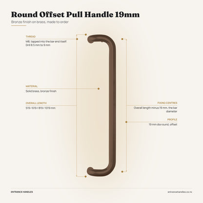 Round Offset Pull Handle 19mm - Bronze, specification diagram with the measurements printed on the product's own page