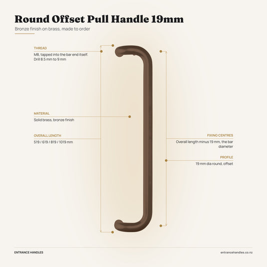 Round Offset Pull Handle 19mm - Bronze, specification diagram with the measurements printed on the product's own page