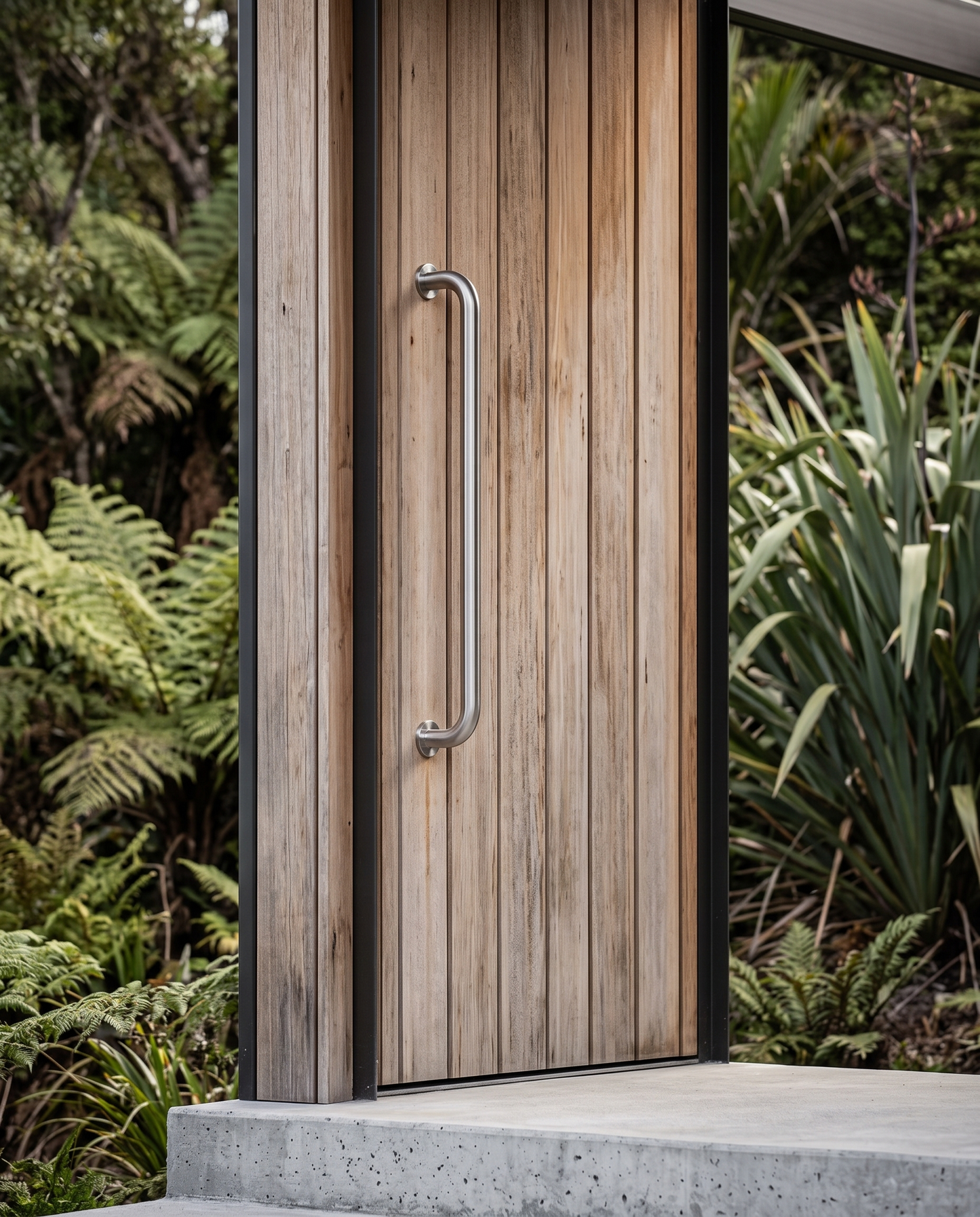 Round Offset Pull Handle 32mm (Pair) on a cedar timber front door