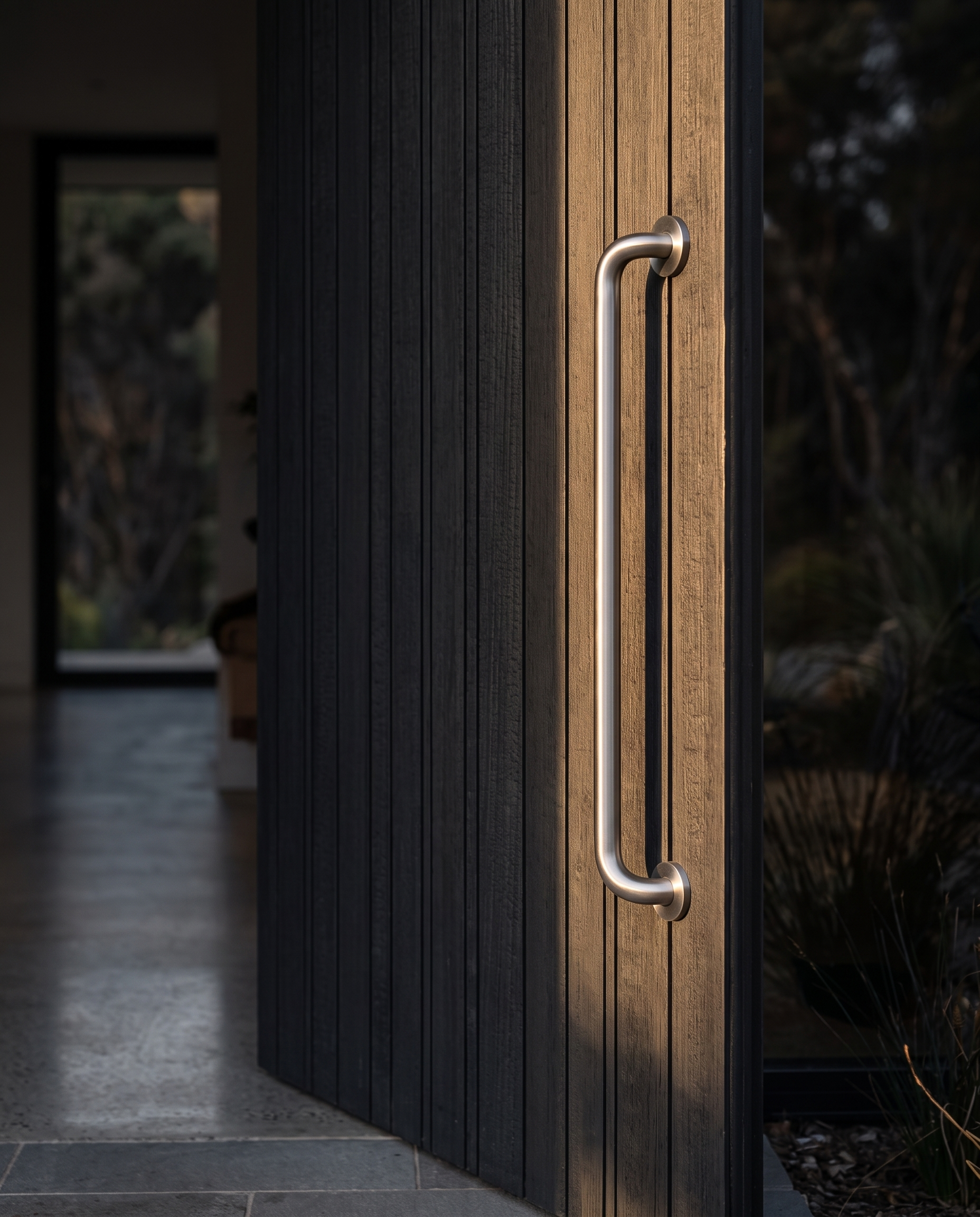 Round Offset Pull Handle 32mm (Pair) on a dark timber front door