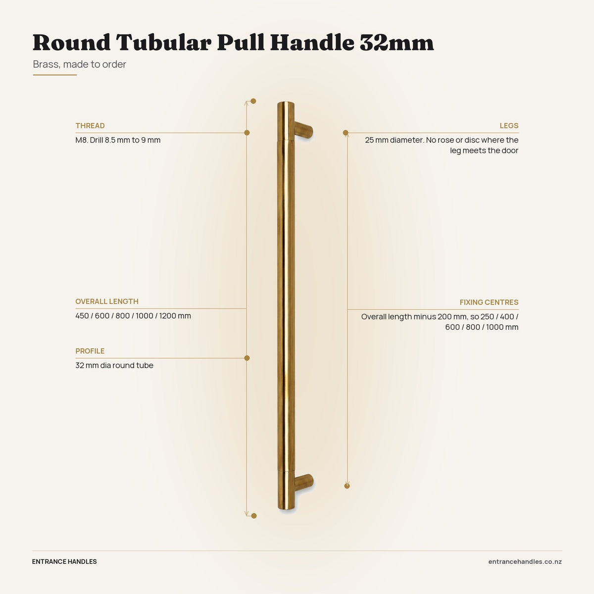 Round Tubular Pull Handle 32mm - Brass, specification diagram with the measurements printed on the product's own page