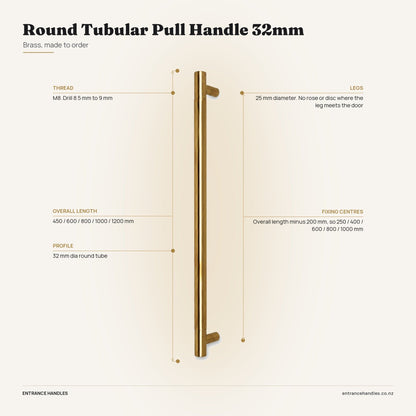 Round Tubular Pull Handle 32mm - Brass, specification diagram with the measurements printed on the product's own page