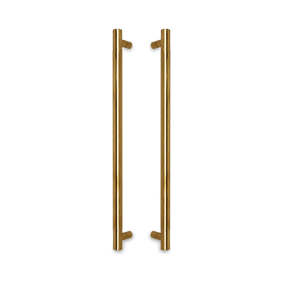 Round Tubular Pull Handle 32mm in solid brass, a pair shown back to back with the round standoffs facing inward