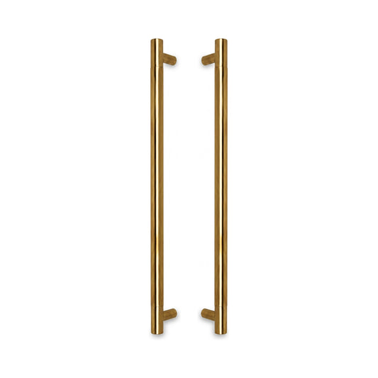 Round Tubular Pull Handle 32mm in solid brass, a pair shown back to back with the round standoffs facing inward