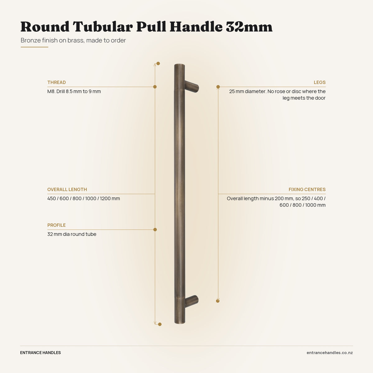 Round Tubular Pull Handle 32mm - Bronze, specification diagram with the measurements printed on the product's own page