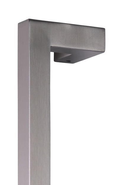 Square Offset Pull Handle 25mm in brushed 316 stainless, close-up of the top offset leg and the square fixing block
