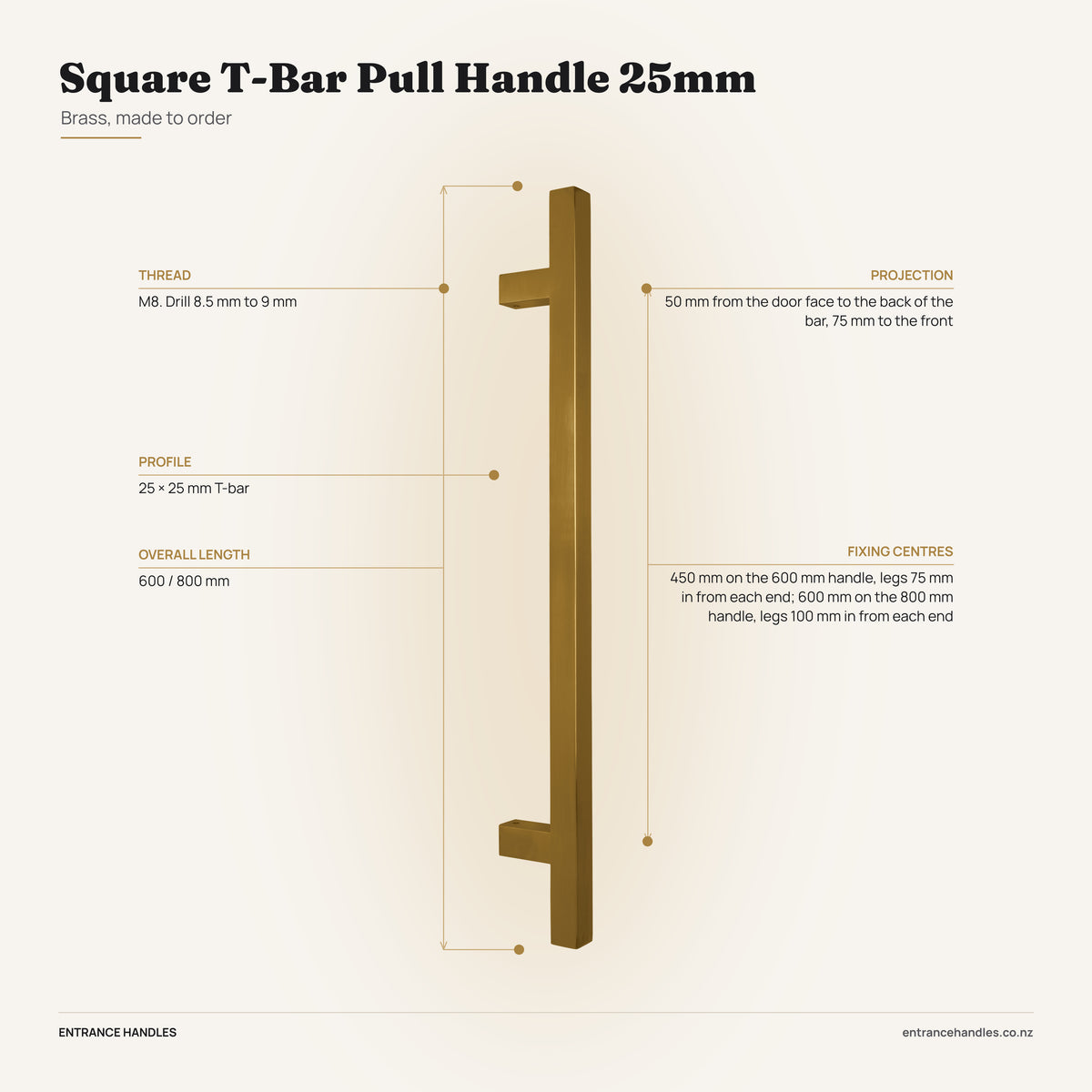 Square T-Bar Pull Handle 25mm - Brass, specification diagram with the measurements printed on the product's own page