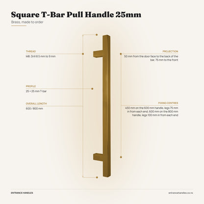 Square T-Bar Pull Handle 25mm - Brass, specification diagram with the measurements printed on the product's own page