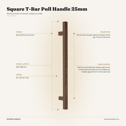 Square T-Bar Pull Handle 25mm - Bronze, specification diagram with the measurements printed on the product's own page