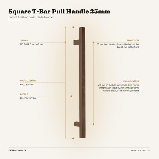 Square T-Bar Pull Handle 25mm - Bronze, specification diagram with the measurements printed on the product's own page