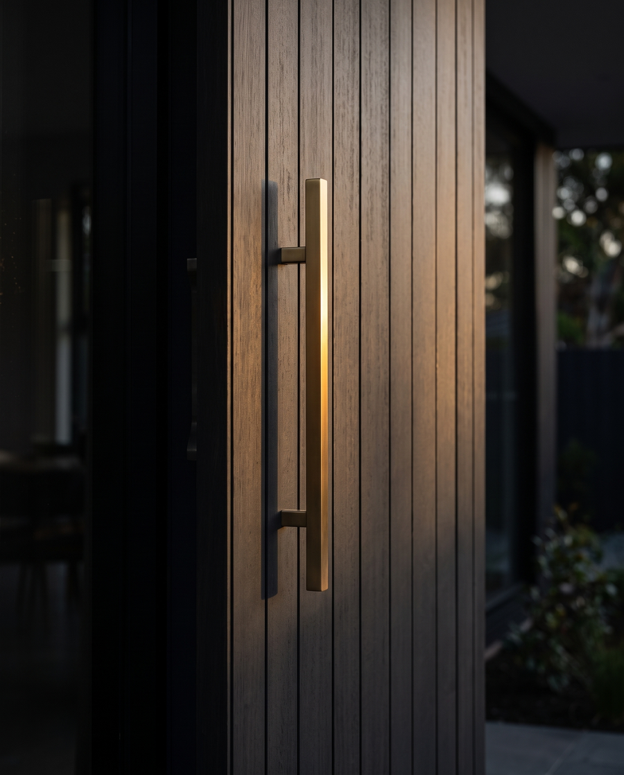 Square T-Bar Pull Handle 25mm — Brass (Pair) installed on an entrance door