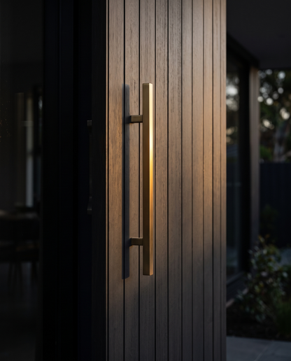 Square T-Bar Pull Handle 25mm — Brass (Pair) installed on an entrance door